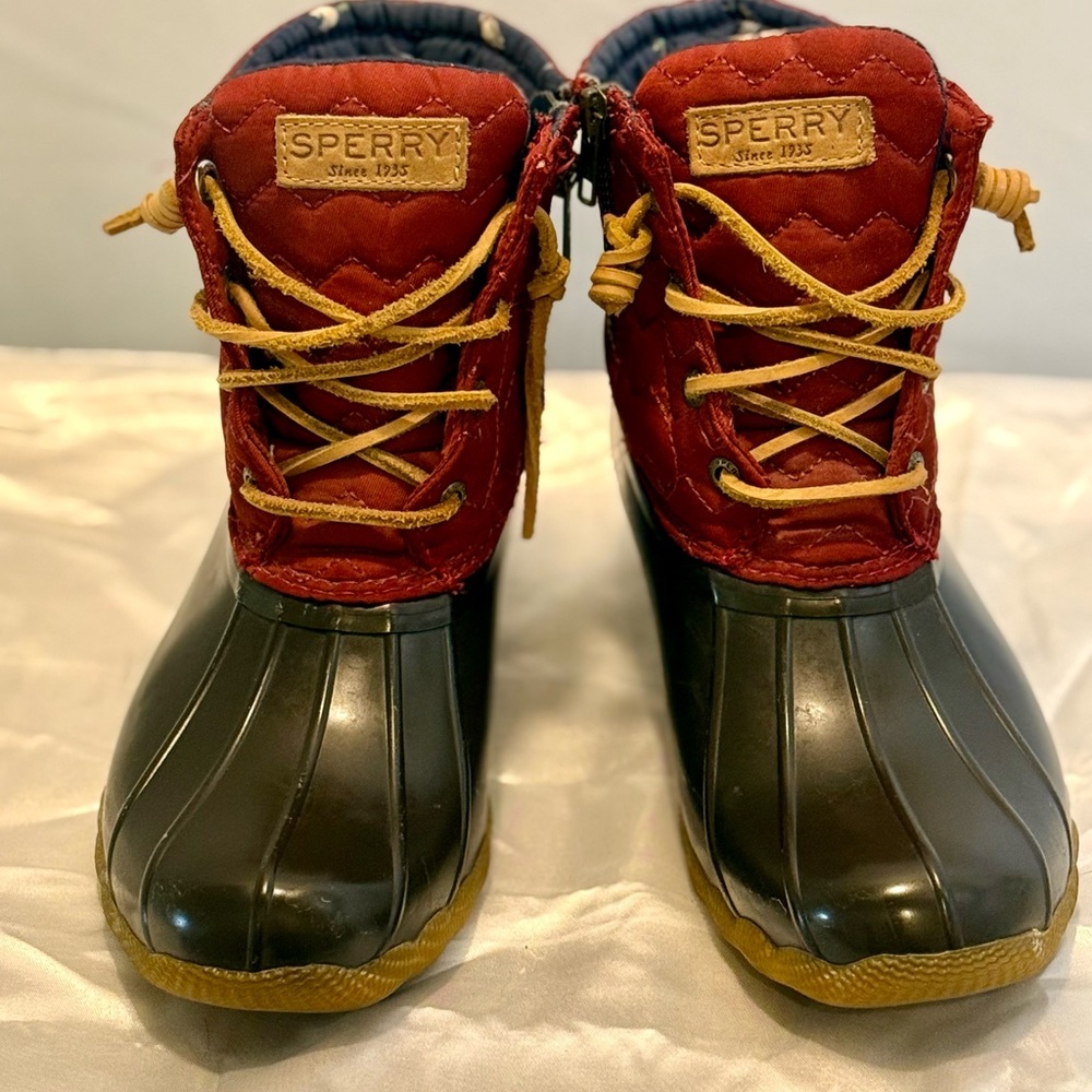 Sperry Red and Black Boots with Yellow Laces